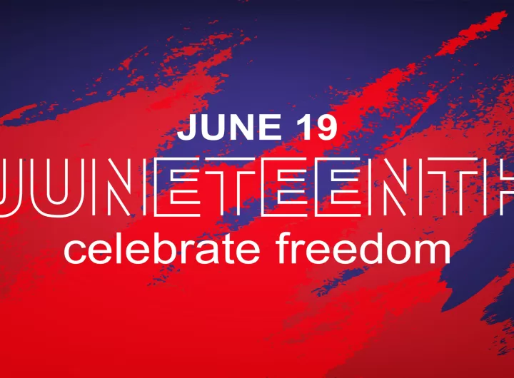 Juneteenth Celebrate Freedom June 19 banner. African - American Independence day. White text on blue red background.