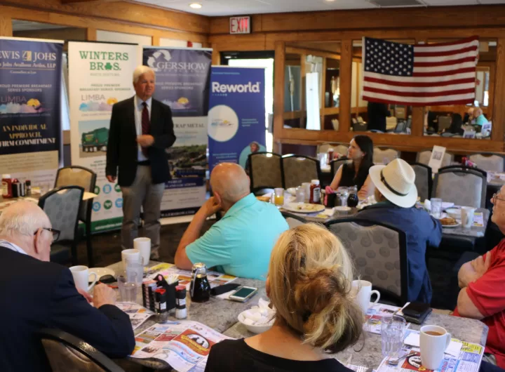 (Photo: Hank Russell) NYS Assemblyman Fred Thiele addresses those in attendance at the LIMBA (Long Island Metro Business Action) meeting at the Candlelight Diner on June 21.