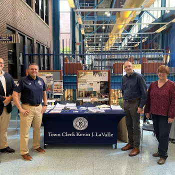 (Photo: Town of Brookhaven) Pictured (left to right) are Town Councilman Neil Manzella and Town Clerk Kevin
Lavalle with Ryan Gessner, Selden Branch Assistant Director and Lori Abbatepaolo, Grants Coordinator.