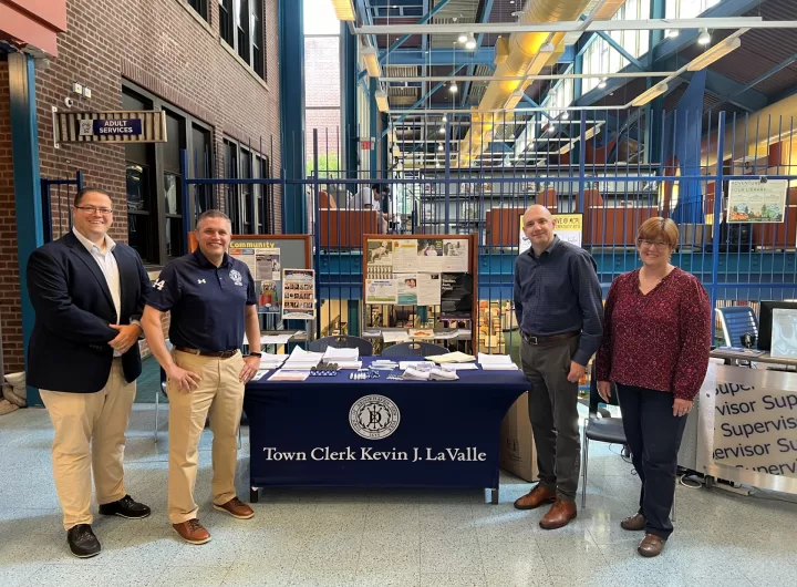 (Photo: Town of Brookhaven) Pictured (left to right) are Town Councilman Neil Manzella and Town Clerk Kevin
Lavalle with Ryan Gessner, Selden Branch Assistant Director and Lori Abbatepaolo, Grants Coordinator.