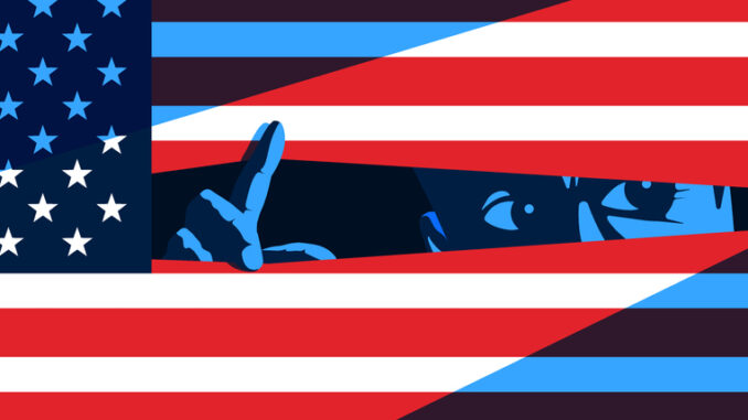 Man lurrking behind the american flag vector illustration
