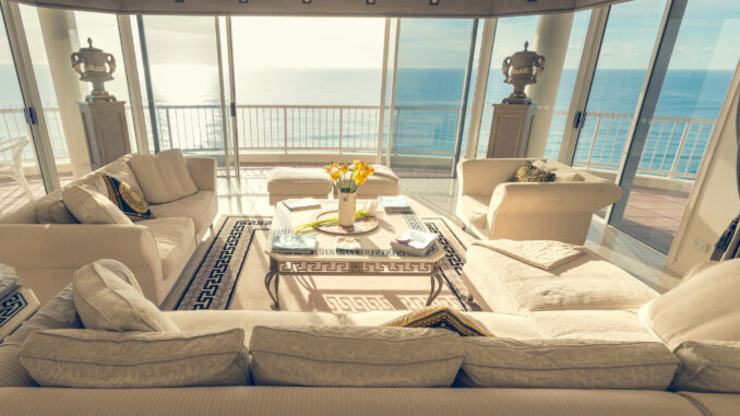 Living room in a luxury beachfront apartment with view