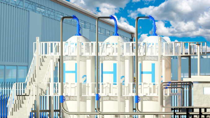 H2 storage. Tanks with hydrogen near factory. Production of gas from H2. Plant for production of hydrogen in sunny weather. Energy industry. Landscape with eco power plant. 3d rendering.
